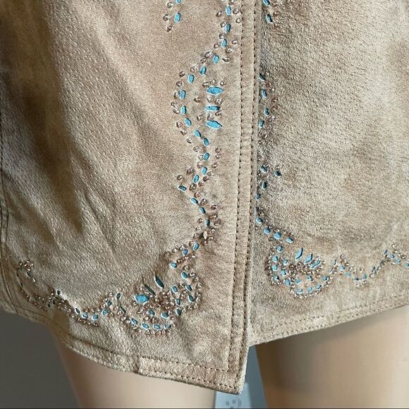 Brandon Thomas Tan Leather Jacket Cutout Turquoise Design Beaded Detail Medium - Picture 3 of 16